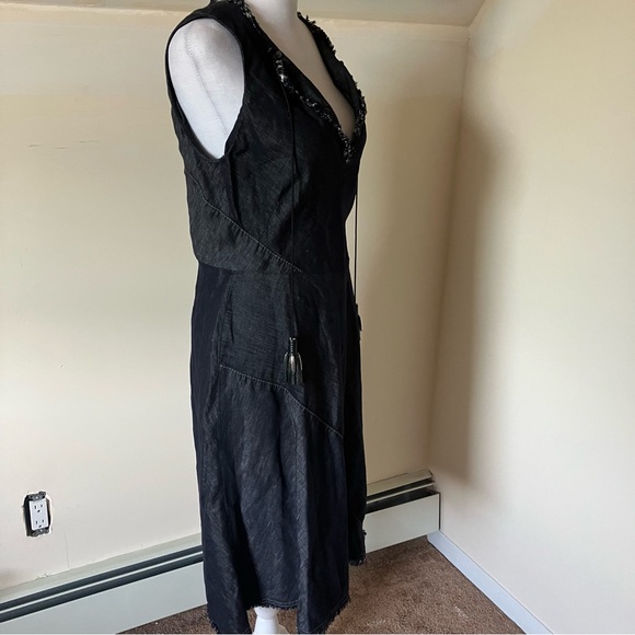 Dorothee Schumacher Denim Blue Linen/Cotton Raw Hem Patchwork Midi Dress size 3 - Picture 2 of 11